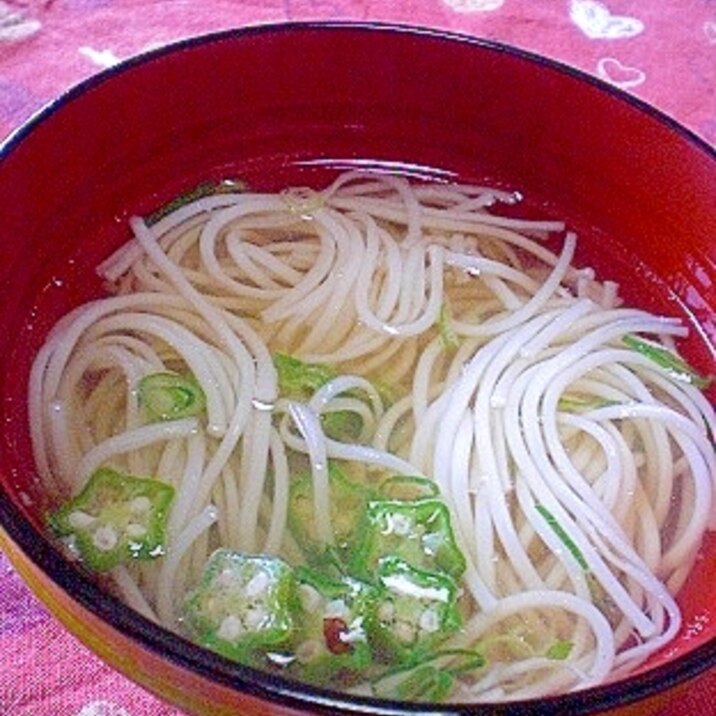 「お魚だしたっぷりのスープのオクラ入りにゅう麺」